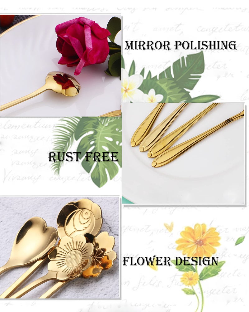 ESRISE 9 Pcs Flower Spoon Coffee Teaspoon Set  ESRISE Stainless Steel Tea Spoon  Cute Demitasse Scoop for Drink Mixing Milkshake Jam (Gold) - Image 5